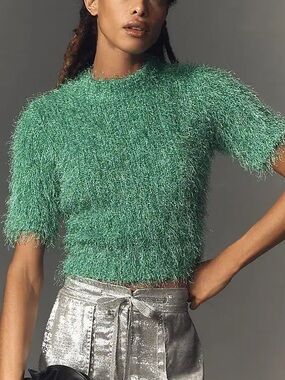 Anthro Endless Rose Green Fuzzy Short-Sleeve Cropped Sweater